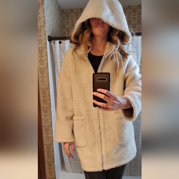 BLACK TAPE CREAM PLUS SIZE SHERPA HOODED ZIP UP LONG SWEATSHIRT - Picture 6 of 8
